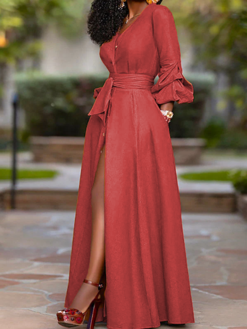 Slit Maxi Dress with Belt